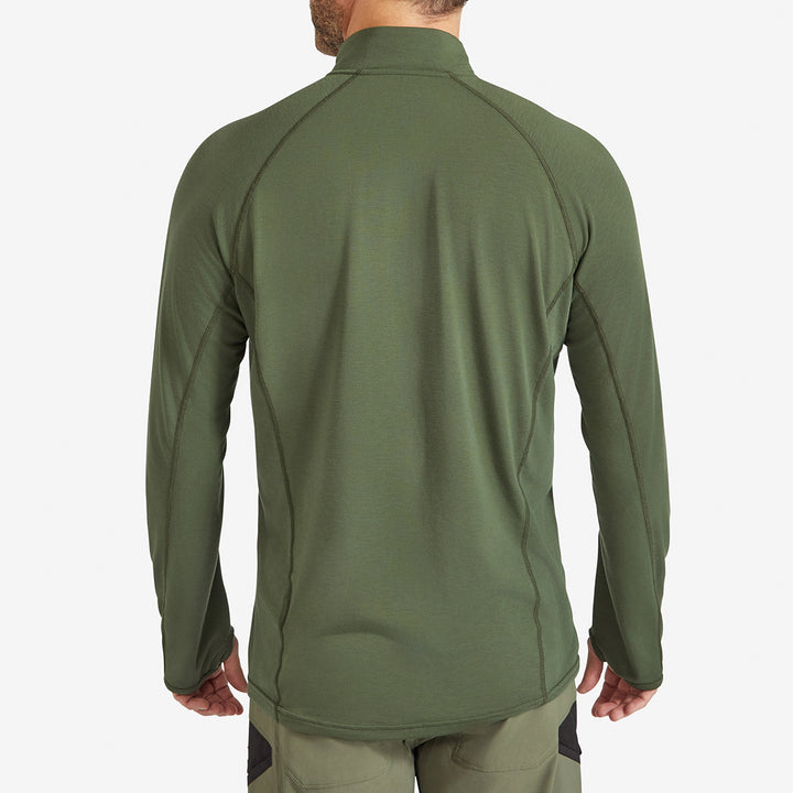 Back view of a Genus Men's Dark Green Eden Zip Neck Top