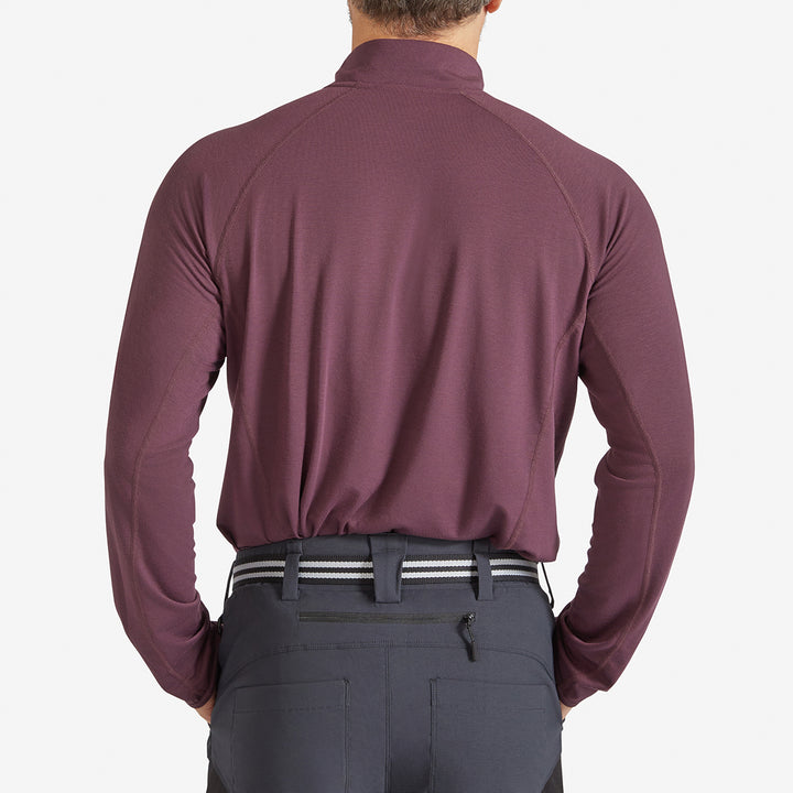 Back view of a Genus Men's Prune Damson Eden Zip neck Top