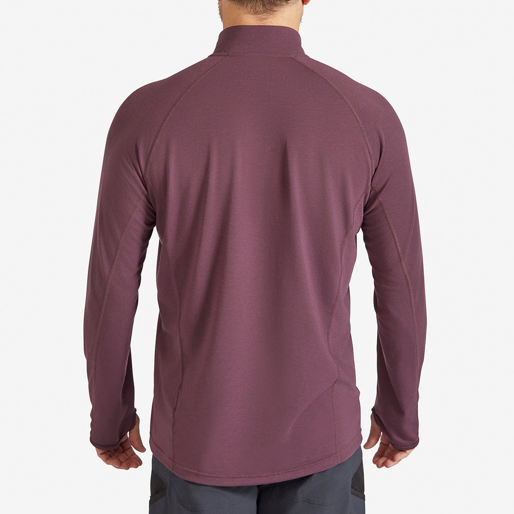 Back view of a Genus Men's Prune Damson Eden Zip neck Top