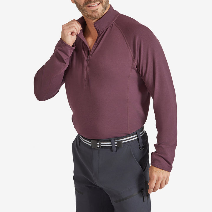 Man showing the collar of a Genus Men's Prune Damson Eden Zip neck Top
