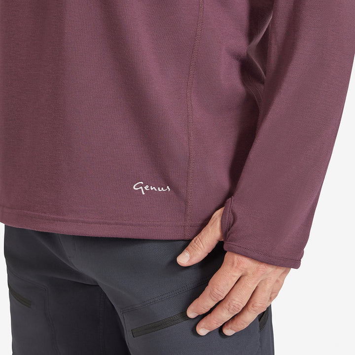 Sleeve view of a Genus Men's Prune Damson Eden Zip neck Top