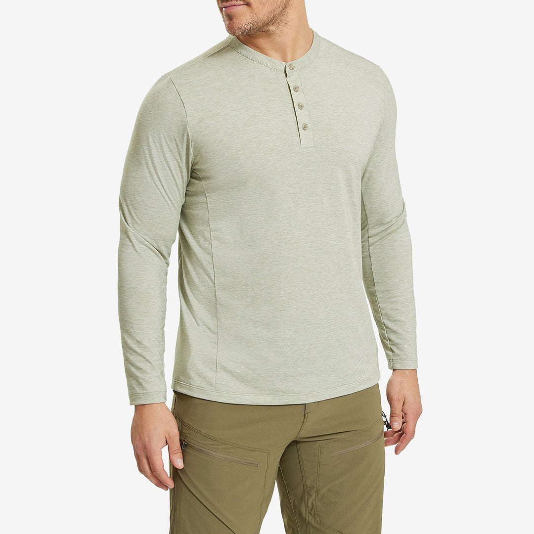 Man wearing a Green Marl Genus Men's Rosemoor Long Sleeve Gardening Henley