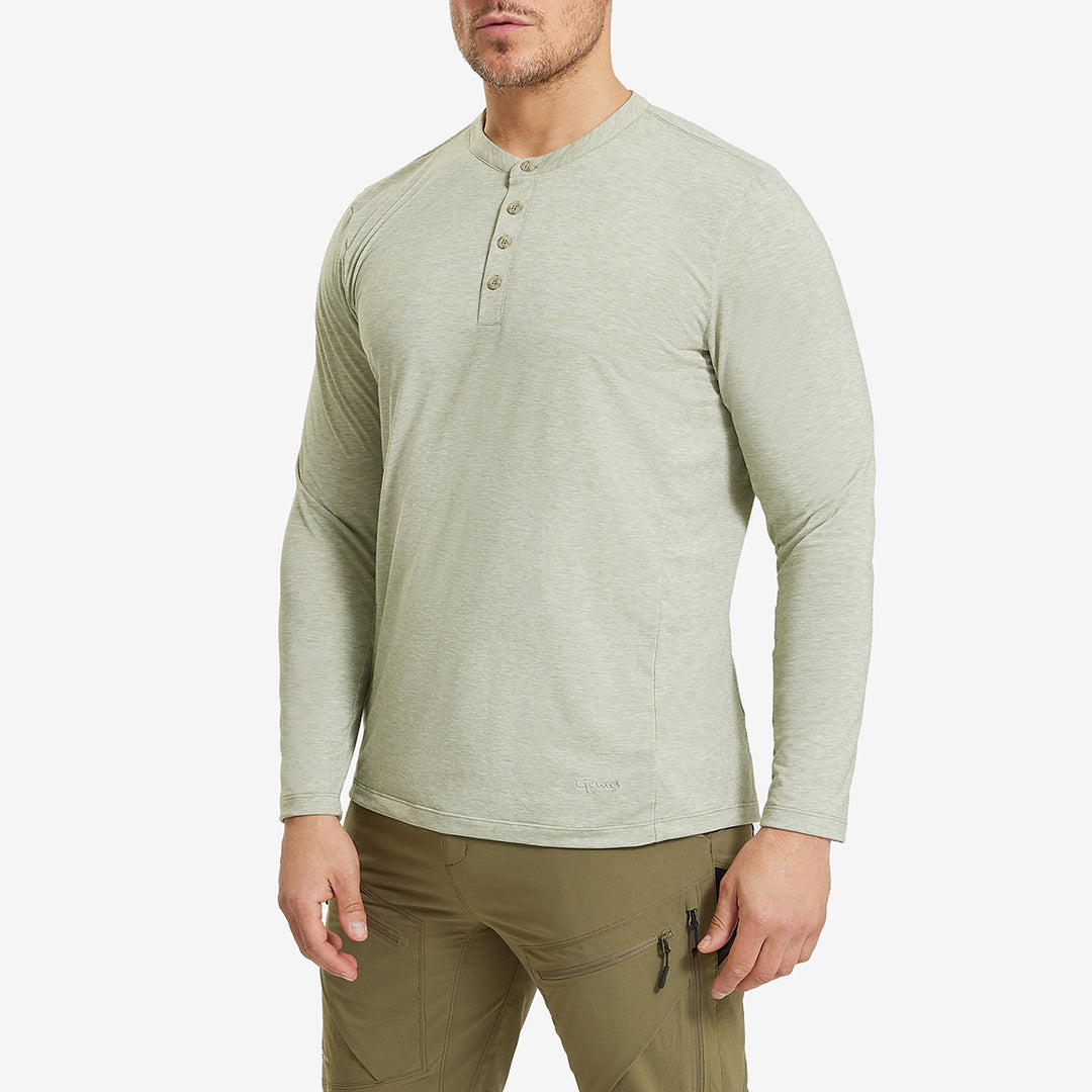 Front view of the Genus Green Marl Men's Rosemoor Long Sleeve Gardening Henley