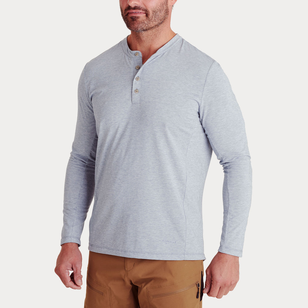 Man wearing a Pewter Genus Men's Rosemoor Long Sleeve Gardening Henley