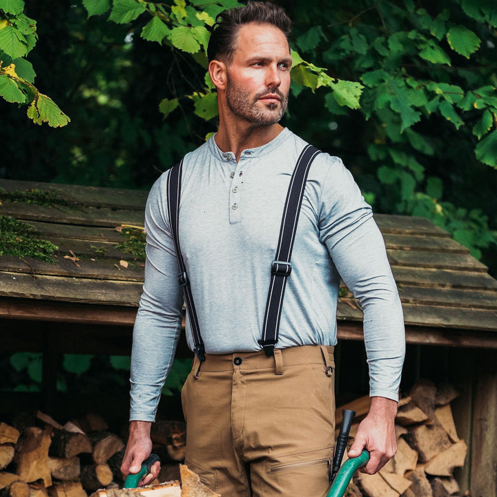 Man in his garden wearing a Genus Men's Rosemoor Long Sleeve Gardening Henley