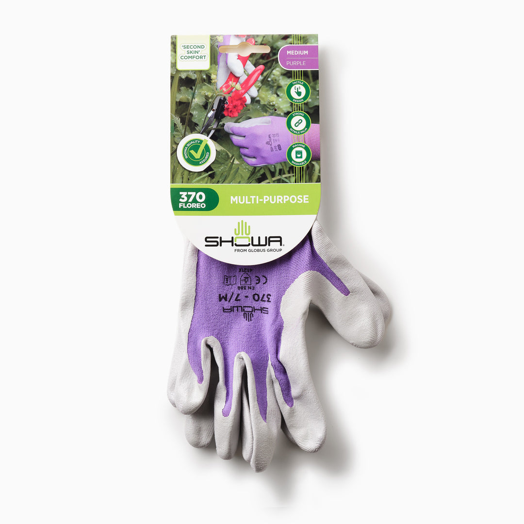 Front view of a purple and white Genus Showa 370 Gardening Glove
