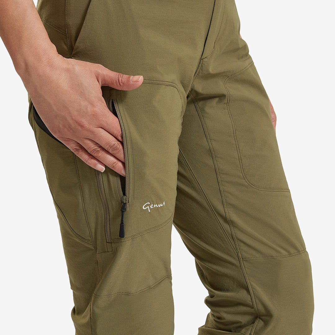 Hand in a pair of Genus burnt olive womens summer gardening trousers