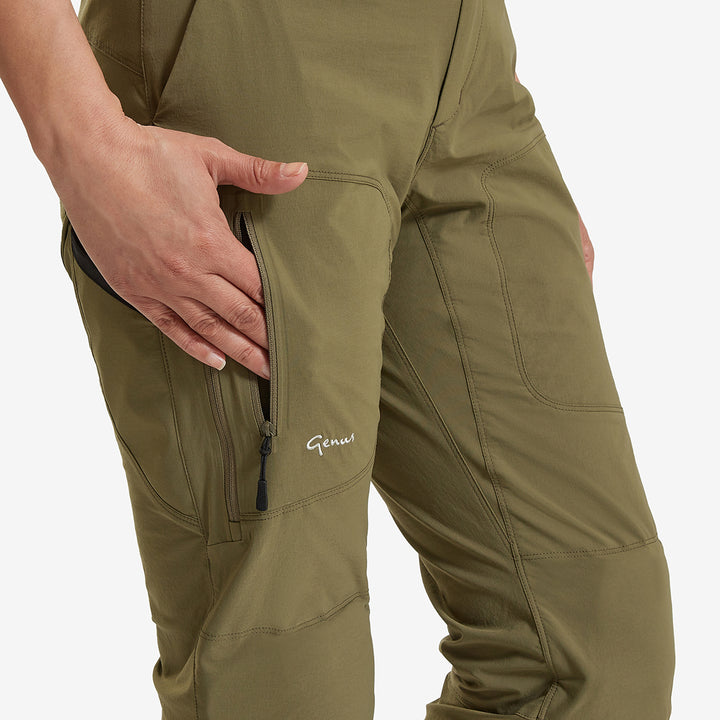 Hand in a pair of Genus burnt olive womens summer gardening trousers