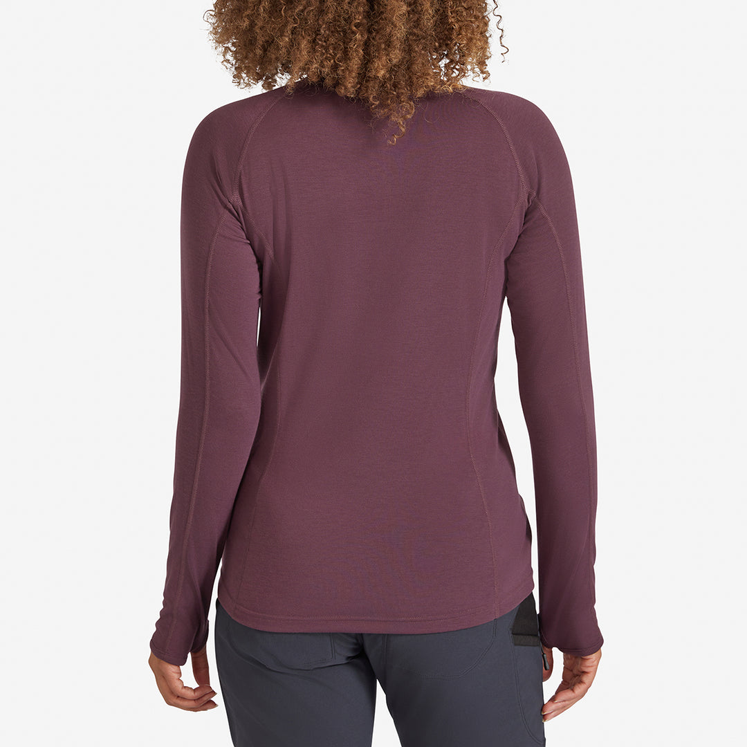 Back view of a Genus Women's Prune Damson Eden Zip Neck Top 