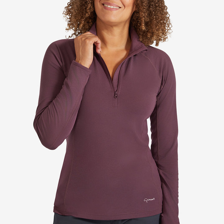 Close up view of a Genus Women's Prune Damson Eden Zip Neck Top 