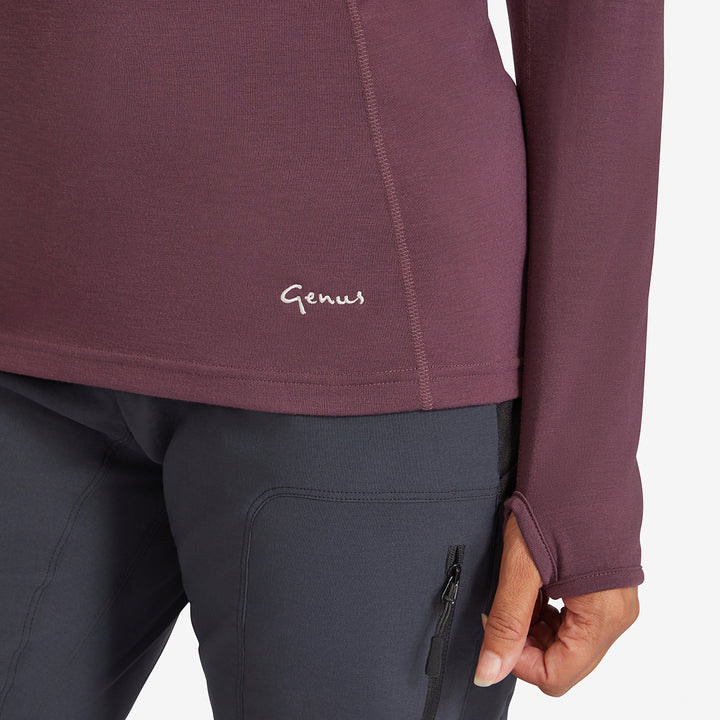 Image of the Genus Women's Prune Damson Eden Zip Neck Top showing the sleeves
