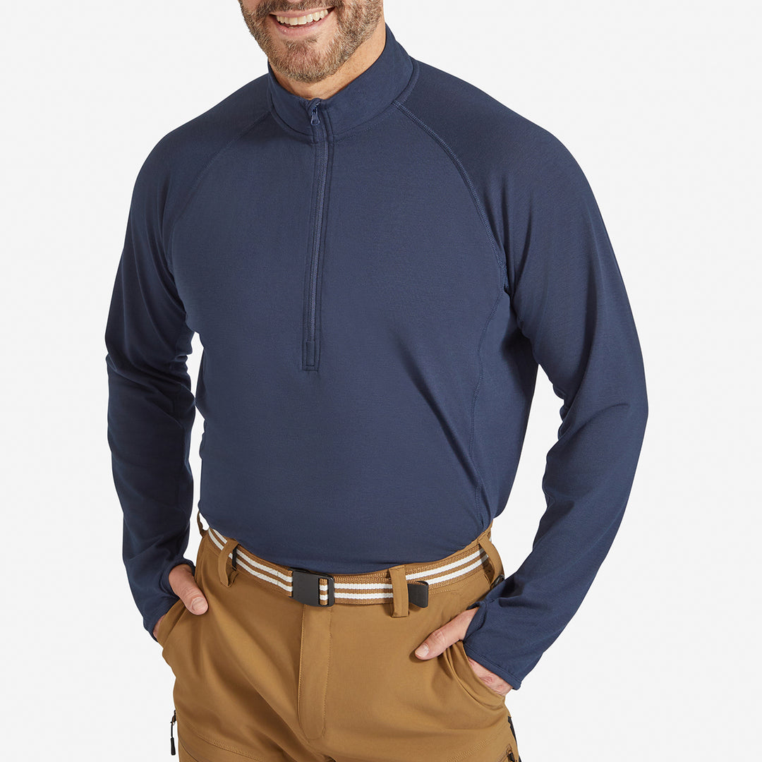 Close up of a Genus Men's Marine Blue Eden Zip Neck Top 