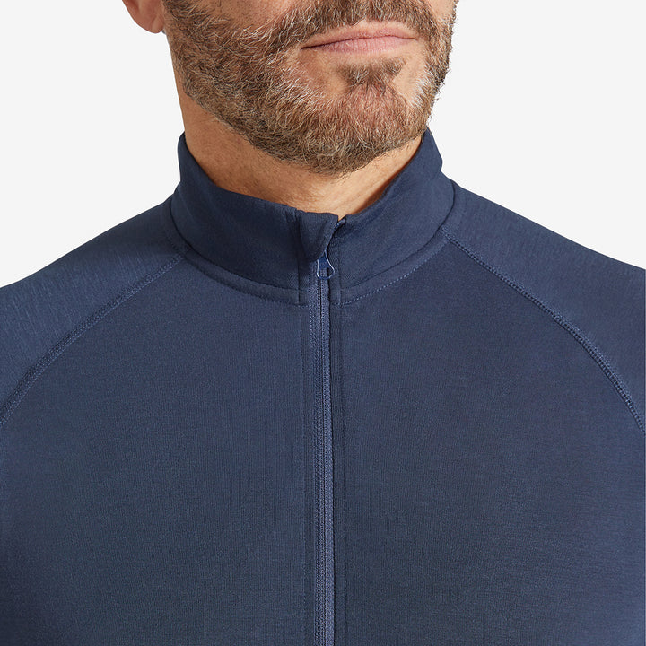 Close up of a Genus Men's Marine Blue Eden Zip Neck Top 