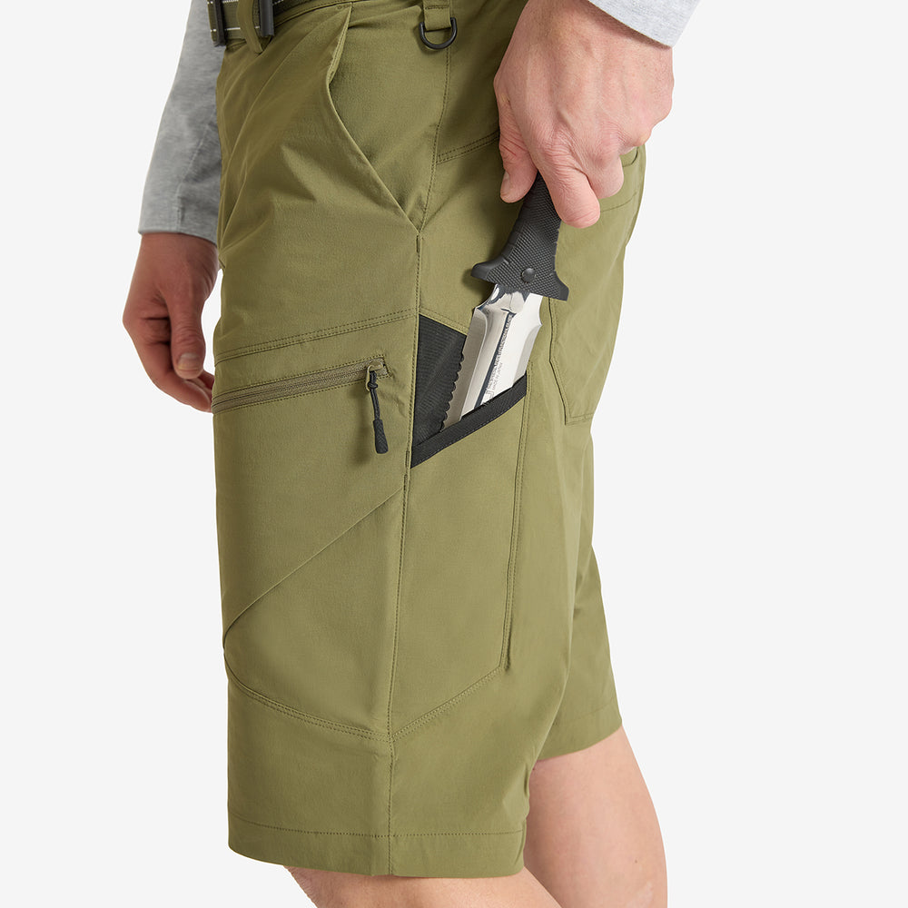 Close up of the tool pocket on the Genus Men's Burnt Olive Summer Gardening Shorts 