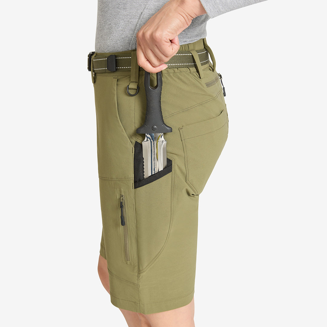 Tool in pocket of Genus Womens Burnt Olive Summer Gardening Shorts
