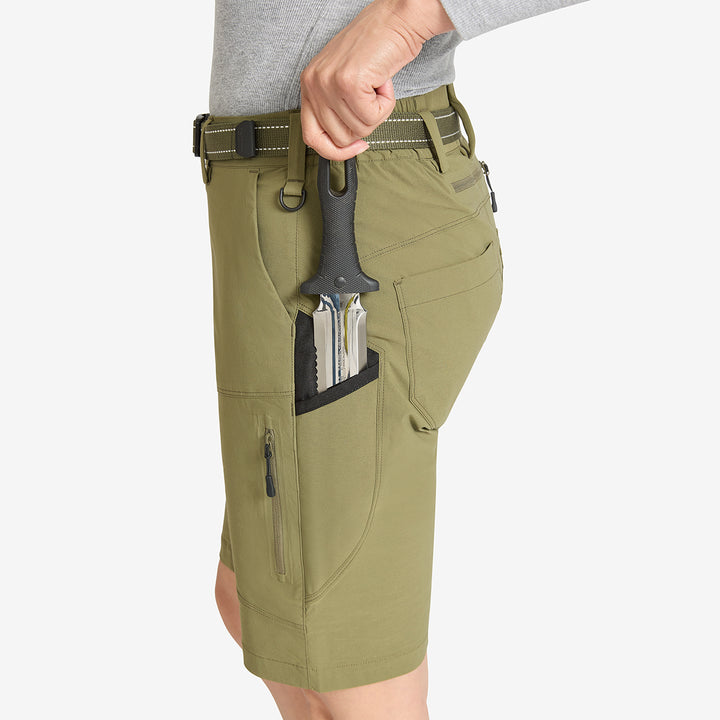 Tool in pocket of Genus Womens Burnt Olive Summer Gardening Shorts