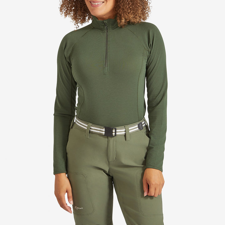 Woman wearing a Genus Women's Dark Green Eden Zip Neck Top