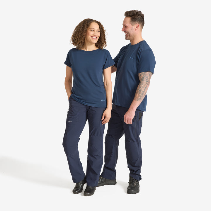 Man and woman wearing a Genus Marino Blue Eden Short Sleeve Tee 