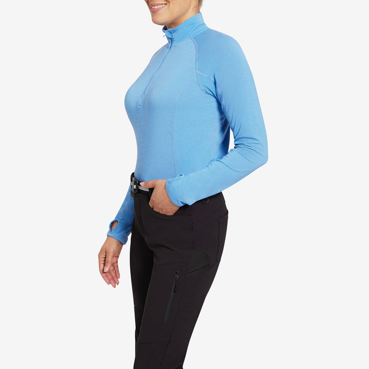 Side view of the Genus Women's Parisian Blue Eden Zip Neck Top